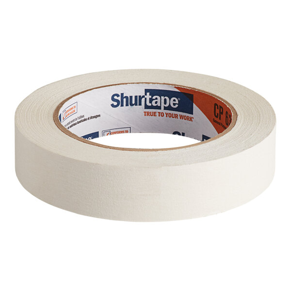 A roll of white general masking tape from Shurtape, measuring 0.9 inches by 60 yards.
