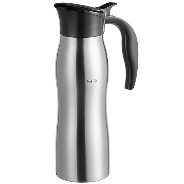 A stainless steel and black metal Choice Milk Thermal Carafe.