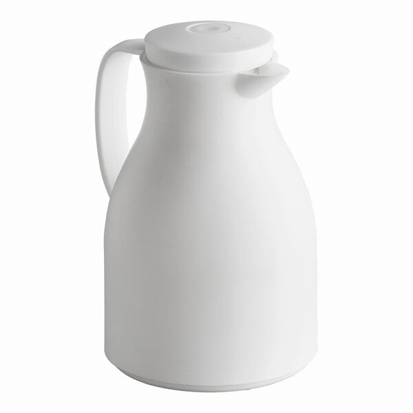 A white thermal carafe with a handle and spout.
