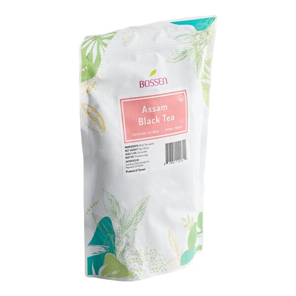 A white resealable bag with green and yellow leaf illustrations, labeled 'Assam Black Tea' from Bossen.
