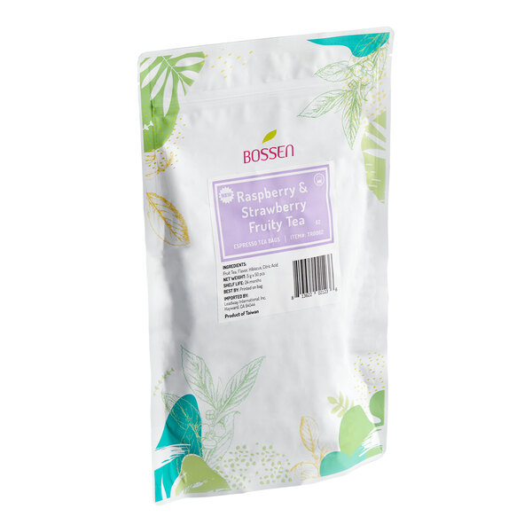 A white resealable bag with green and yellow leaf designs, labeled 'Bossen Raspberry & Strawberry Fruity Tea' with a purple label and product information.