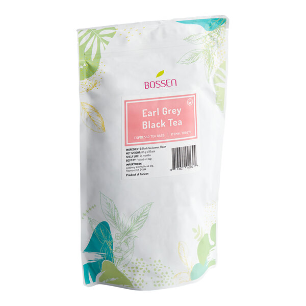 A white resealable bag with green and blue leaf designs, labeled 'Bossen Earl Grey Black Tea' on the front.