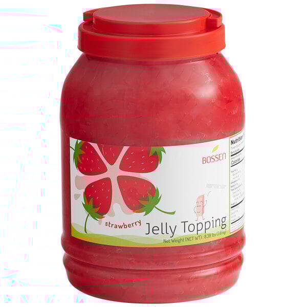 A case of Bossen strawberry jelly topping jars on a counter.