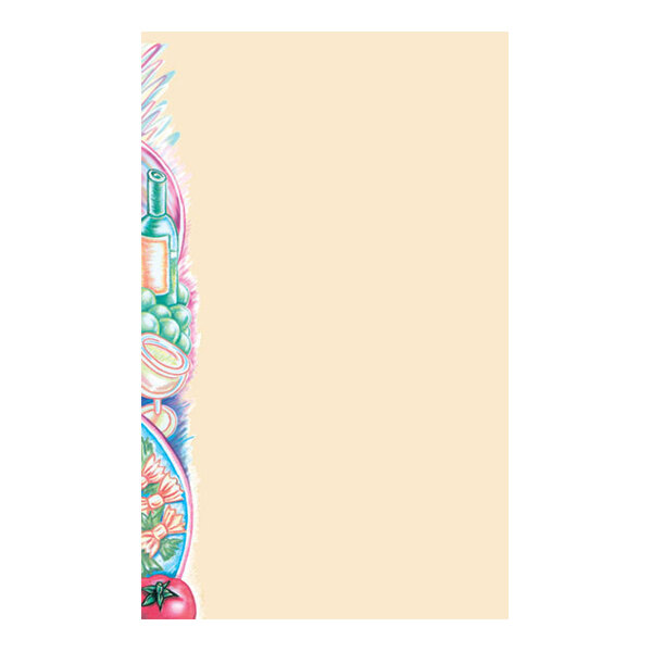 A sheet of light beige paper with a colorful illustration along the left edge featuring a wine bottle, grapes, pasta, and a tomato.