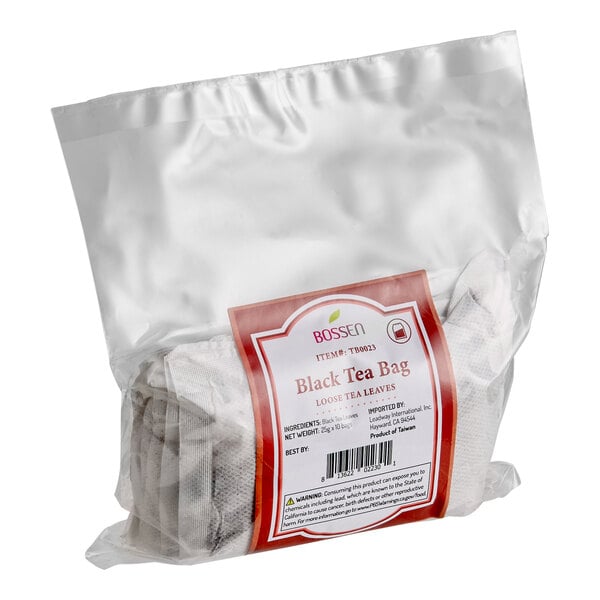 A package of Bossen large black loose leaf tea bags.