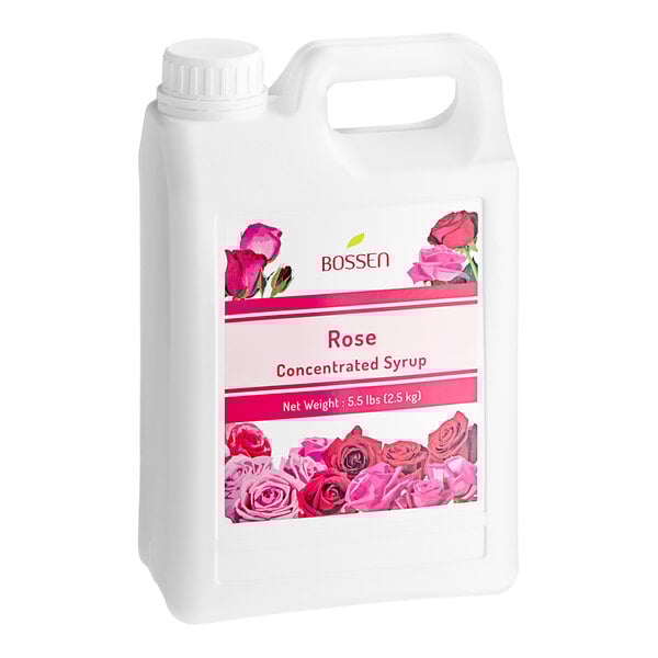 A white jug of Bossen Rose Concentrated Syrup with a label.