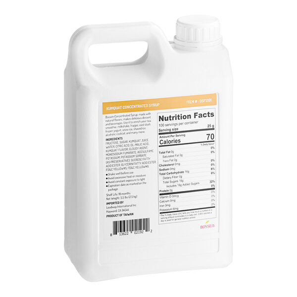 A white gallon container of Bossen Kumquat Concentrated Syrup with a label.