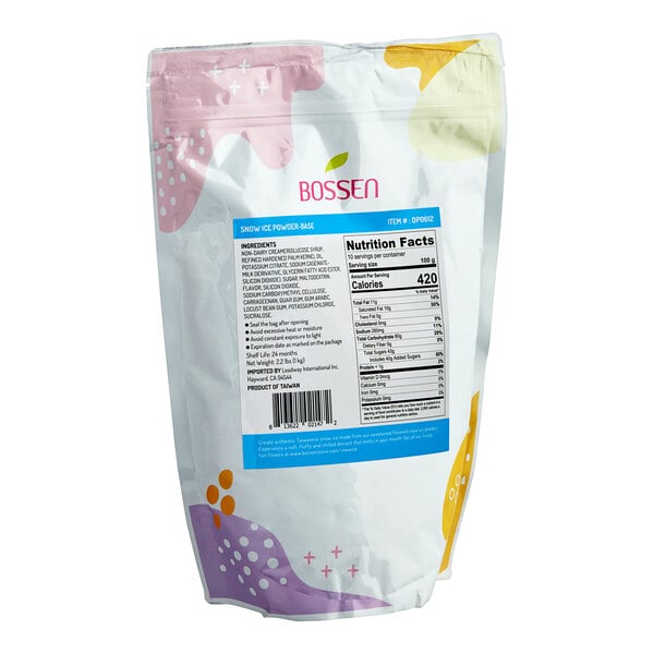 A white Bossen bag with blue and pink text and colorful design.