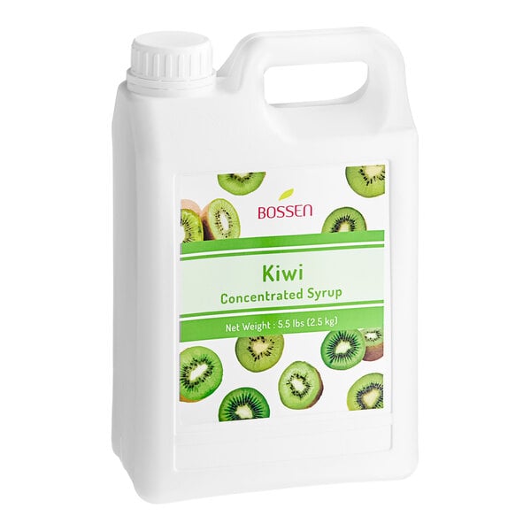 A white jug of Bossen Kiwi Concentrated Syrup with a label.