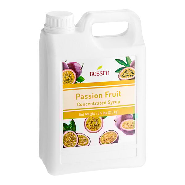 A white jug of Bossen Passion Fruit Concentrated Syrup with a label.