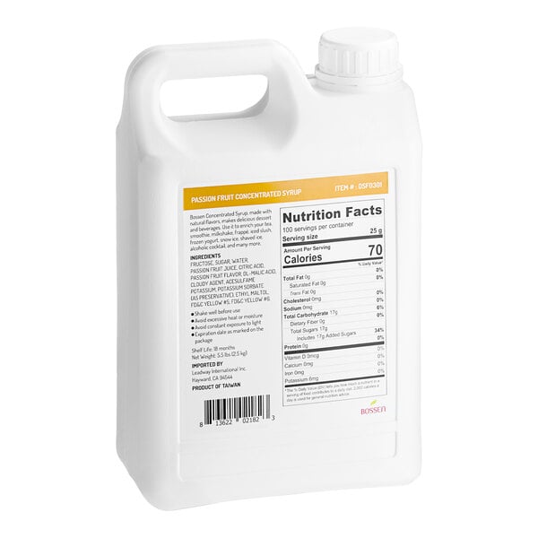 A white jug of Bossen Passion Fruit Concentrated Syrup with a label.