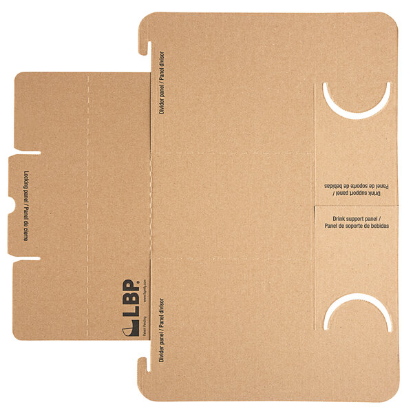 A brown cardboard box with a white dotted line and cut out holes for two meals.