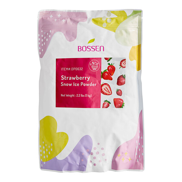 A white bag with a red label for Bossen Strawberry Snow Ice Powder Mix with pink and purple designs.
