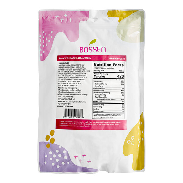A white Bossen package of strawberry snow ice powder mix with a colorful label.