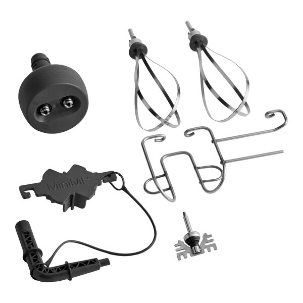 A set of various attachments and accessories for a Robot Coupe MMP190VV Combi Mini 8-inch variable speed immersion blender with a 7-inch whisk.