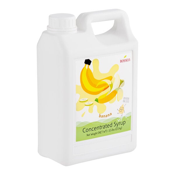 A white container of Bossen Banana Concentrated Syrup with a label.