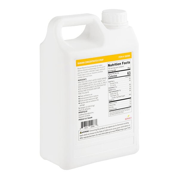A white plastic jug of Bossen Banana Concentrated Syrup with a yellow label.