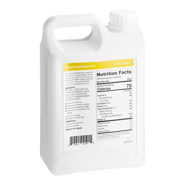 A white plastic bottle of Bossen Lemon Concentrated Syrup with a yellow and white label.