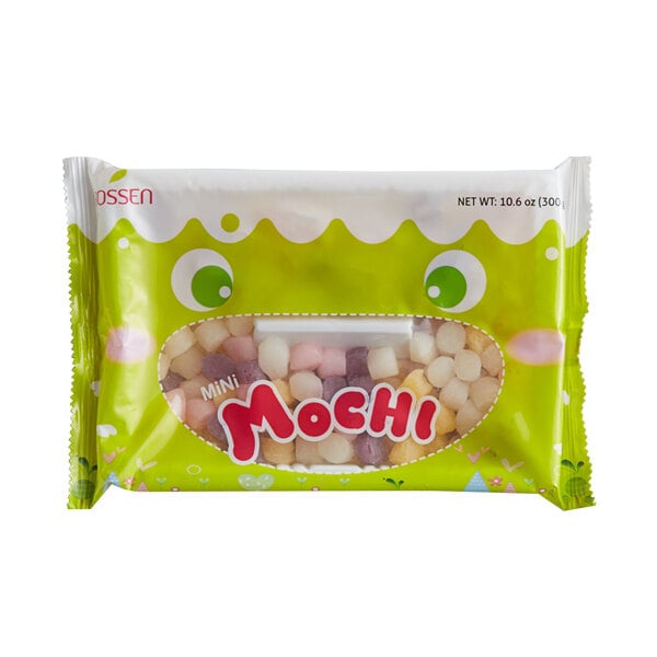 A package of Bossen Assorted Mini Mochi Flavored Rice Cakes weighing 10.6 ounces.