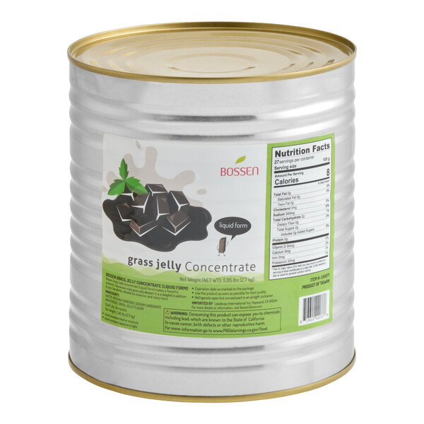A large metal can of Bossen grass jelly liquid concentrate.