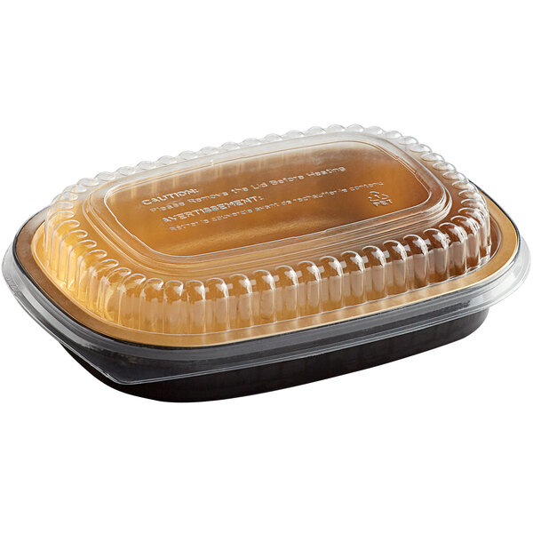 A Choice black and gold aluminum foil container with a clear plastic lid.