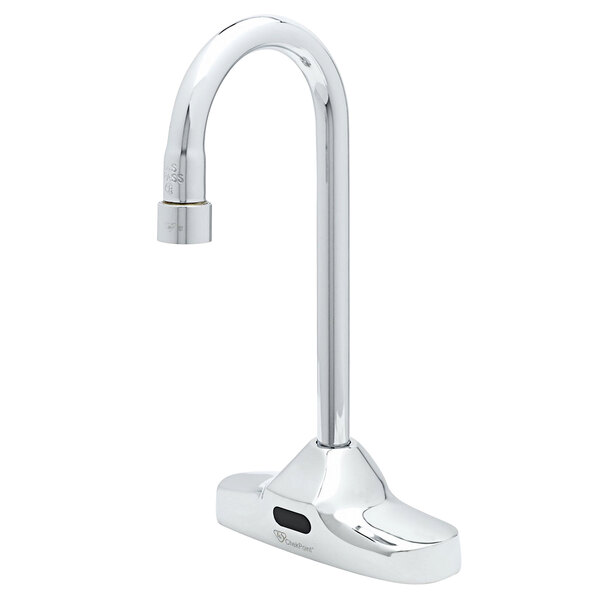 A chrome T&S ChekPoint sensor faucet with a rigid gooseneck spout and black sensor display.
