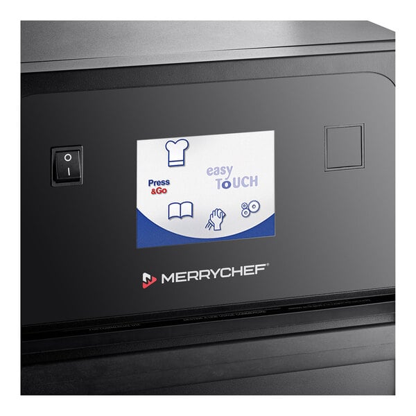 A Merrychef eikon e1s high-speed countertop oven on a counter in a professional kitchen with a digital display.