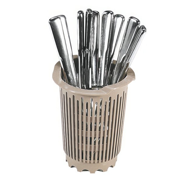 A beige plastic Vollrath flatware cylinder holding silver utensils.