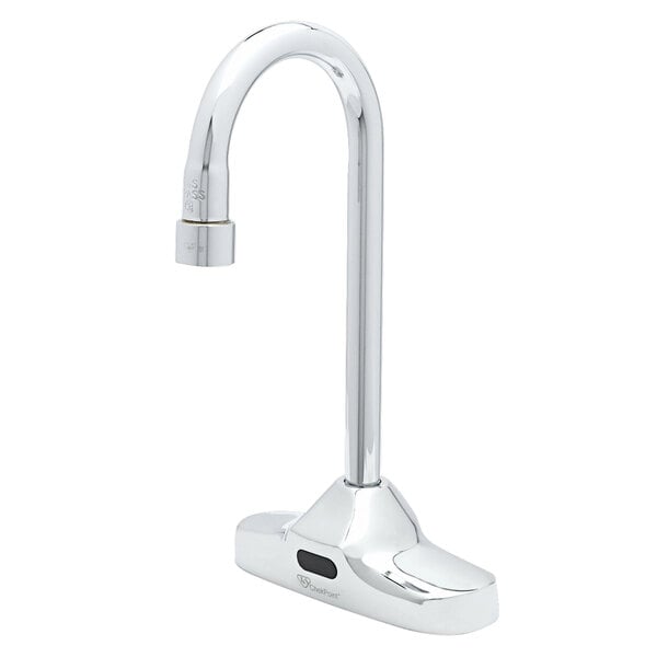 A chrome T&S deck mounted ChekPoint sensor faucet with a rigid gooseneck spout.