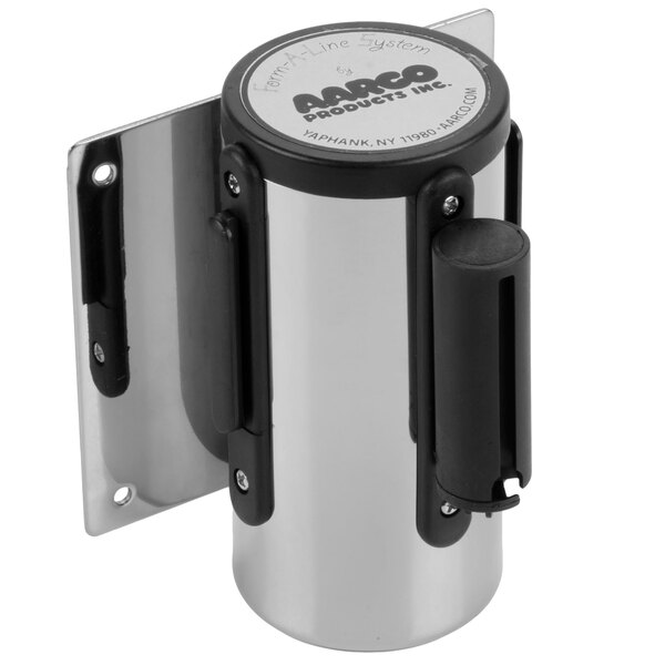 A chrome wall-mount stanchion with a blue retractable belt and metal cylinder.