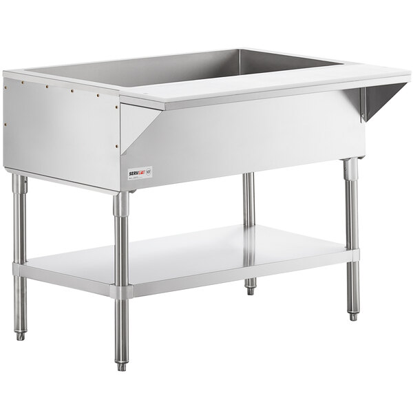 A ServIt stainless steel ice-cooled cold food table with an undershelf.