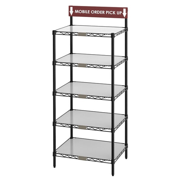 a shelf with a sign