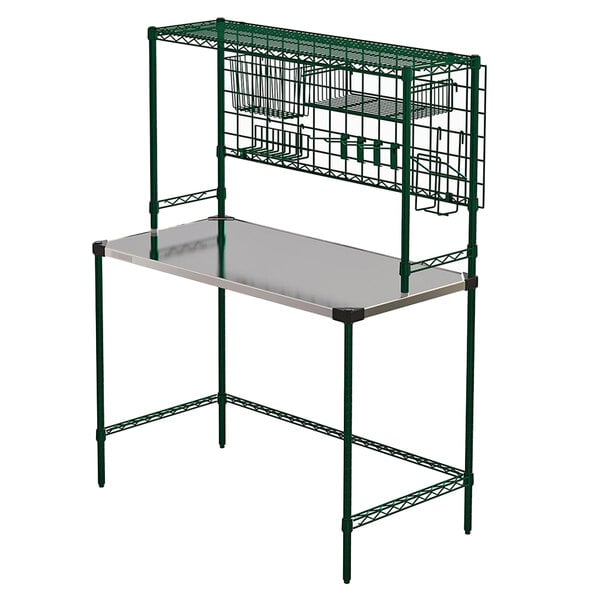 A green and white Metro All-In-One Prep Station with a green metal shelf and a metal shelf on top.