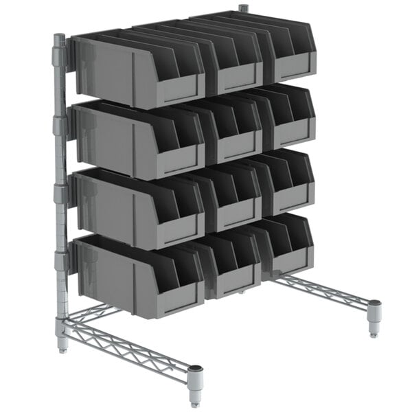 A grey metal Metro countertop organizer with removable bins.