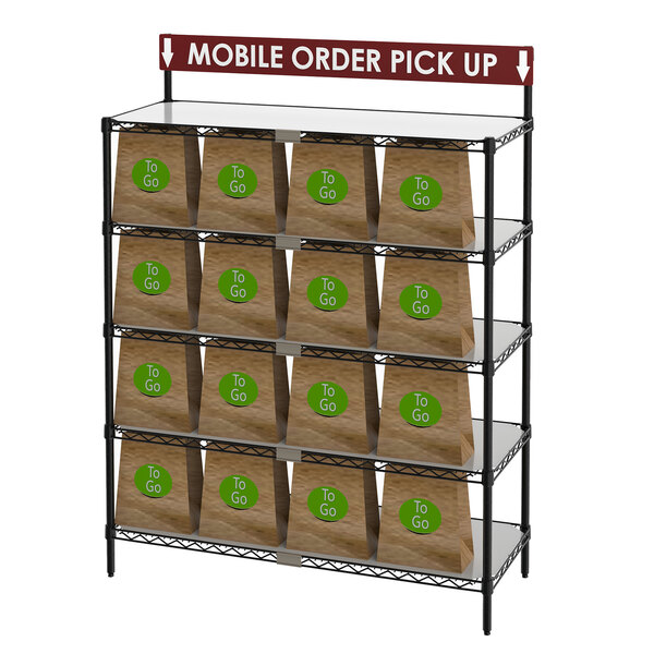 A Metro wire shelving station with a green sign reading "Take-Out" above shelves with bags on them.