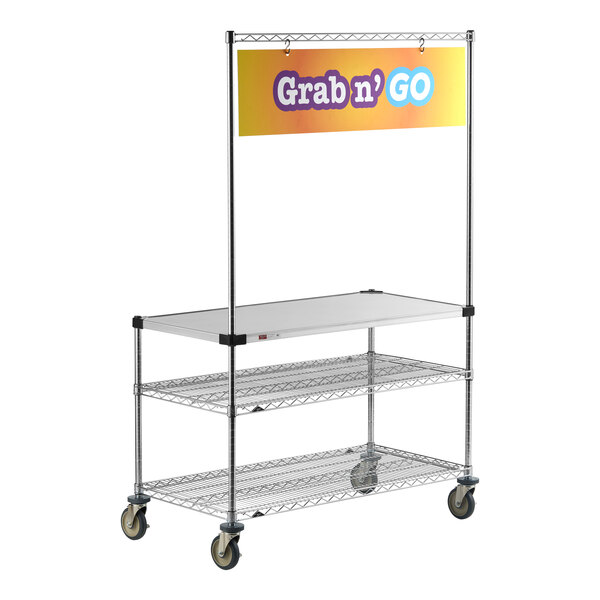 Metro GG2448 24" x 48" Stainless Steel Workstation and Serving Cart with "Breakfast On the Go" Sign
