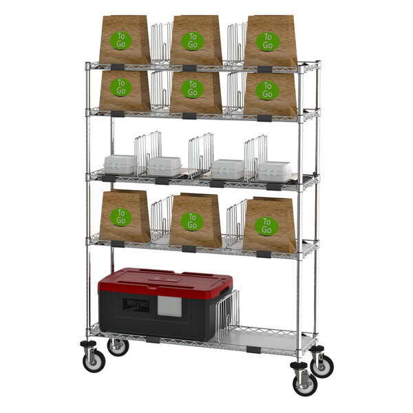 A Metro wire shelving station with bags and a red cooler.
