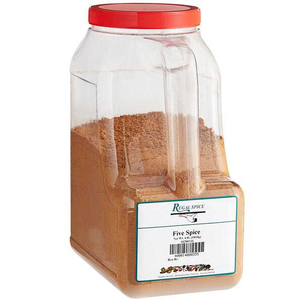 A 4 lb container of Regal Five Spice, brown powder.