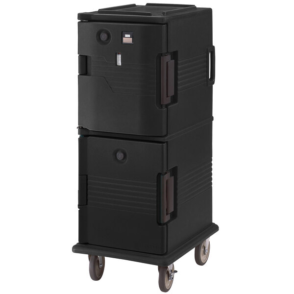 A black plastic container on wheels.