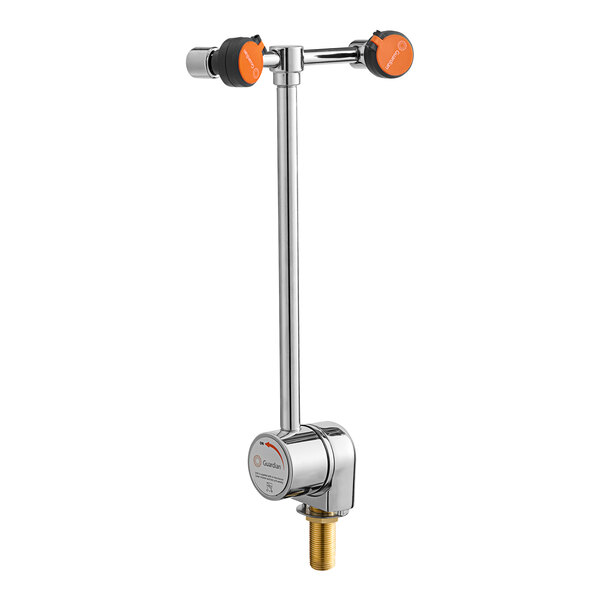 A stainless steel metal pipe with orange handles.