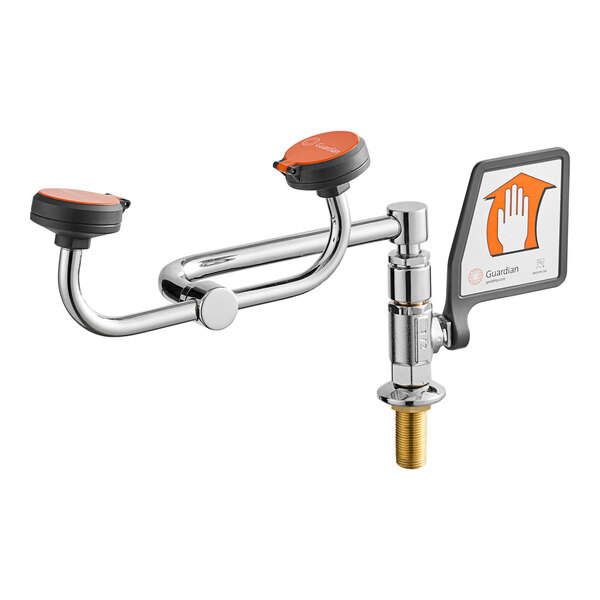 A close-up of a Guardian Equipment deck mounted eye and face wash station with a chrome faucet and hose.