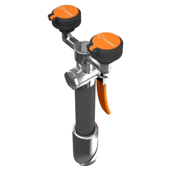 A black and orange metal and plastic Guardian Equipment eyewash station with orange caps.