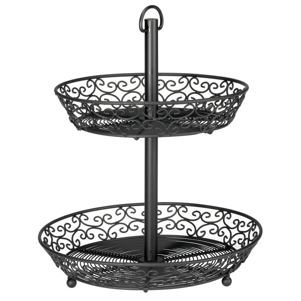 A Tablecraft black metal two tier display basket with a round bottom and metal rod.