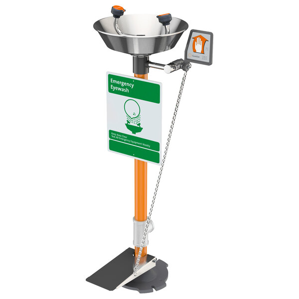 A Guardian Equipment pedestal mounted eyewash station with a plastic bowl and black and orange hand/foot control.