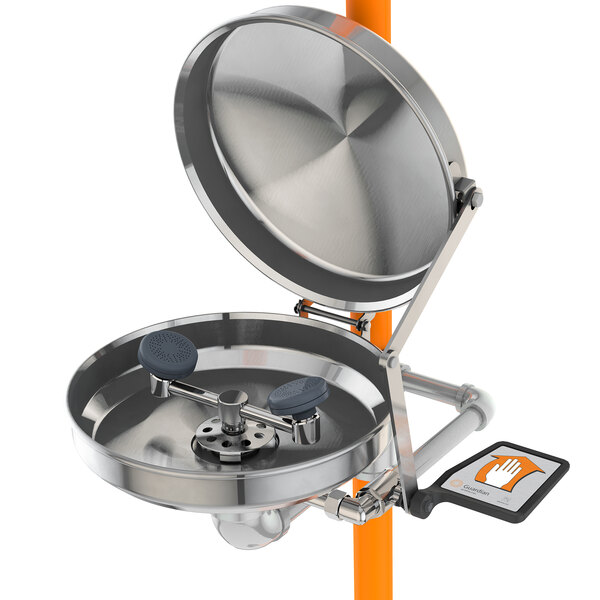 A stainless steel Guardian Equipment safety station with a stainless steel bowl and cover.