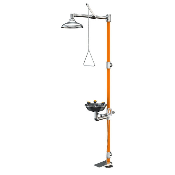 A Guardian Equipment stainless steel safety station with wide area eye and face wash and hand and foot control.