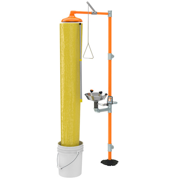 A yellow and orange Guardian Equipment test kit for eye wash and emergency showers with a yellow tube.