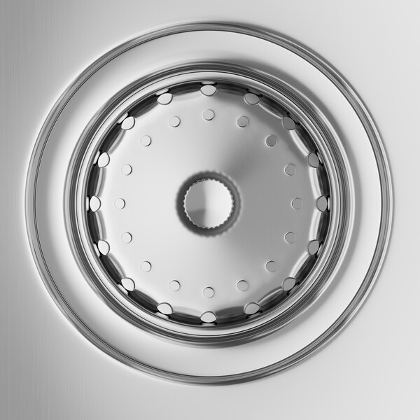 A close-up of a stainless steel drop-in sink with side splashes.