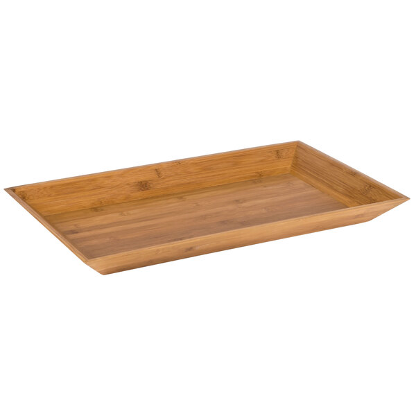 An American Metalcraft rectangular bamboo tray with handles.