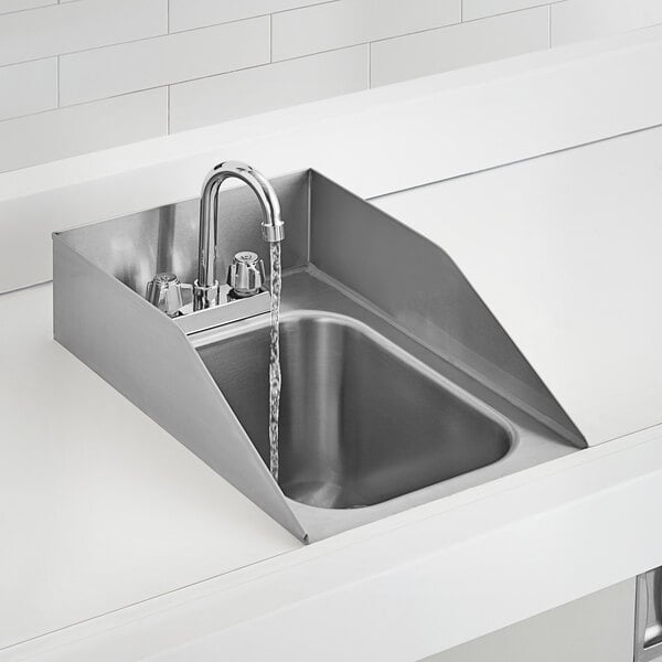 A stainless steel one-compartment drop-in sink with a gooseneck faucet and side splashes.